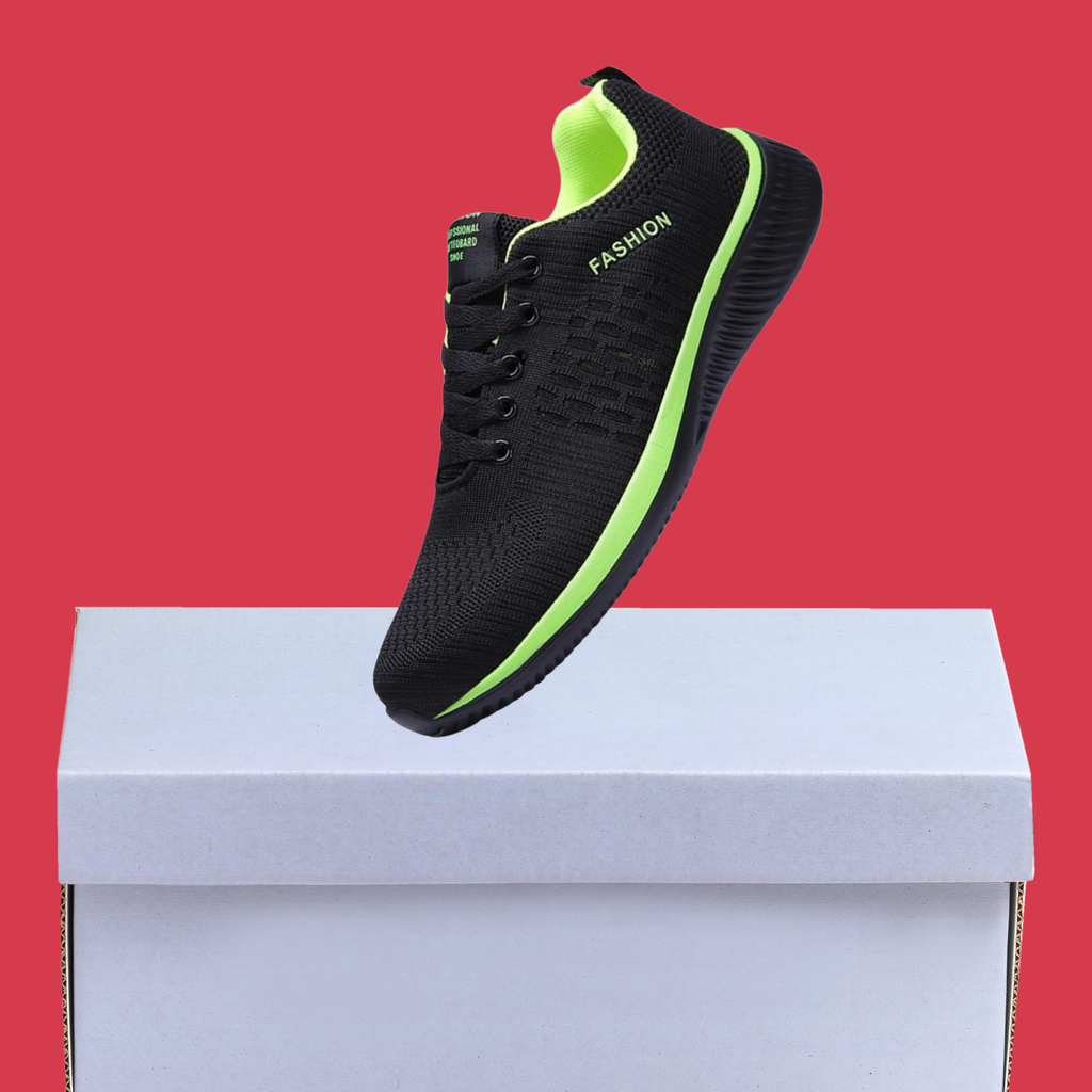 Zapatillas Deportivas Hombre Negras con Detalles Verdes y Malla Transpirable para Deporte y Uso Diario